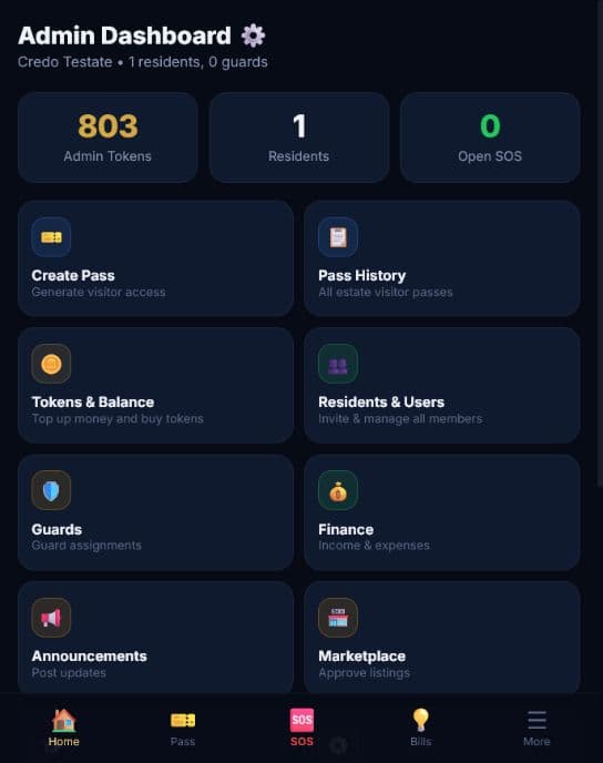 MyNaijaEstate administrator dashboard showing residents, visitor passes, guards, finance and announcements